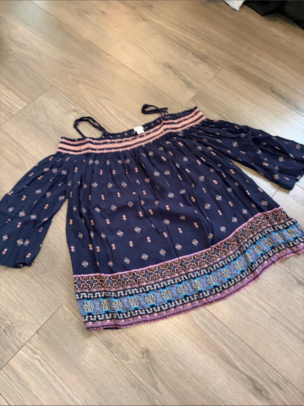Xhilaration Navy Off-Shoulder Floral Border Blouse